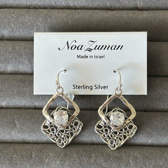 Noa Zuman Sterling Silver 925 Earrings Filigree w CZ Stone Israel 1.5in long - Picture 4 of 15